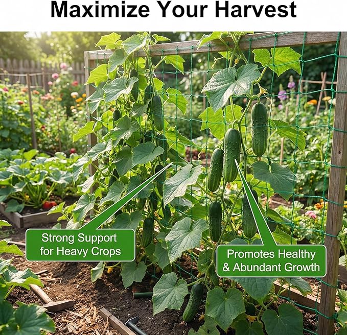 Trellis Netting for Climbing Plants - Heavy Duty Garden Trellis Netting for Cucumber, Vine, Fruits & Vegetables Tomato Plants Trellis Net, Climbing Vining Plants 10' x 7'Ft Green