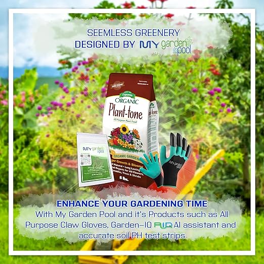 Espoma PT8 Organic Plant-Tone 5-3-3; 8 lb. Bag All Purpose Plant Food; with My Garden Pool PH Soil Test Strips 20 ct, and Gardening Claw Gloves and Garden-IQ, Smart Gardening AI Assistant!