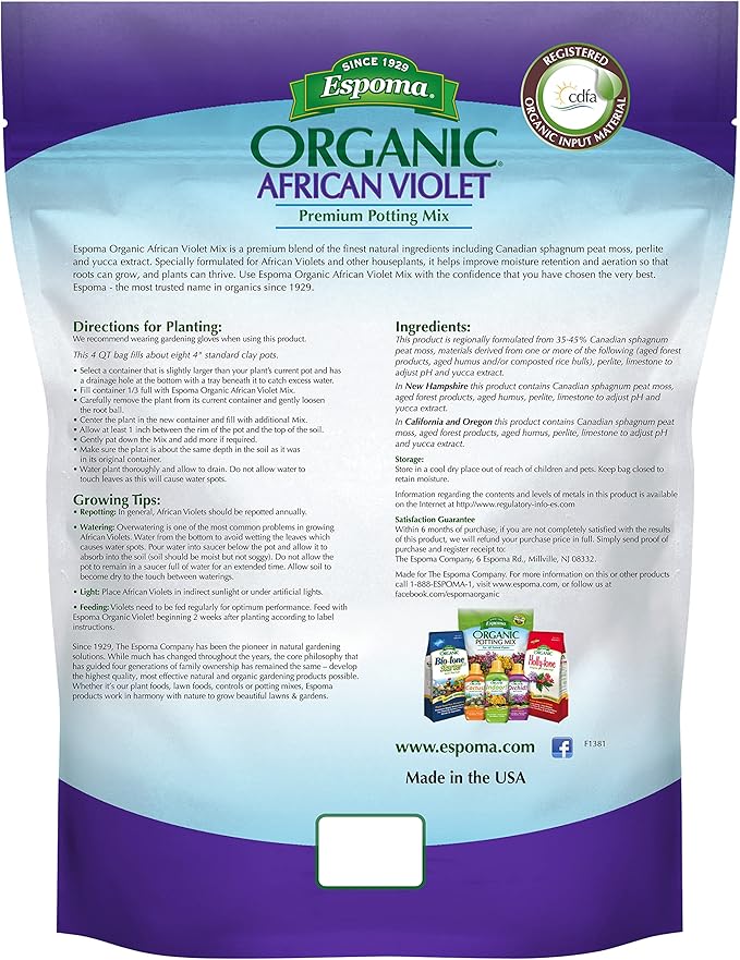 Espoma Organic Premium Potting Soil Mix for African Violets and Indoor Flowering Houseplants. 4 Quart Bag