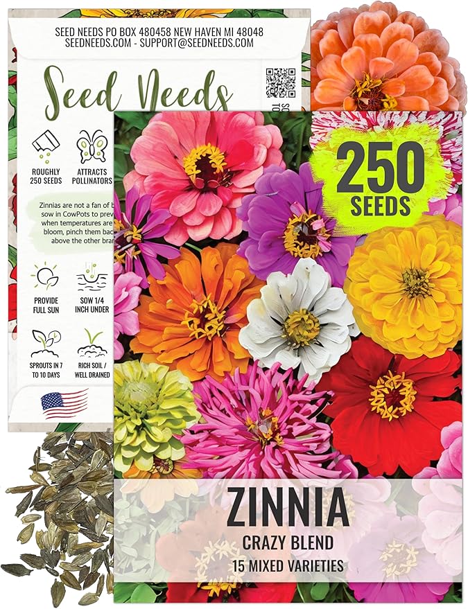 Seed Needs, Crazy Blend Zinnia Seeds - 250 Heirloom Seeds for Planting Zinnia elegans - 15+ Varieties, Attracts Butterflies & Pollinators, Great Cut Flowers (Small Pack)