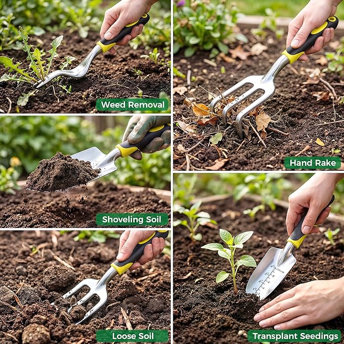 Gardening Tools 10-Piece, Heavy Duty Garden Tool Set with Fashion and Durable Garden Tools Organizer Handbag, Rust-Proof Gardening Hand Tools Weeding Kit, Ideal Gardening Gifts for Women