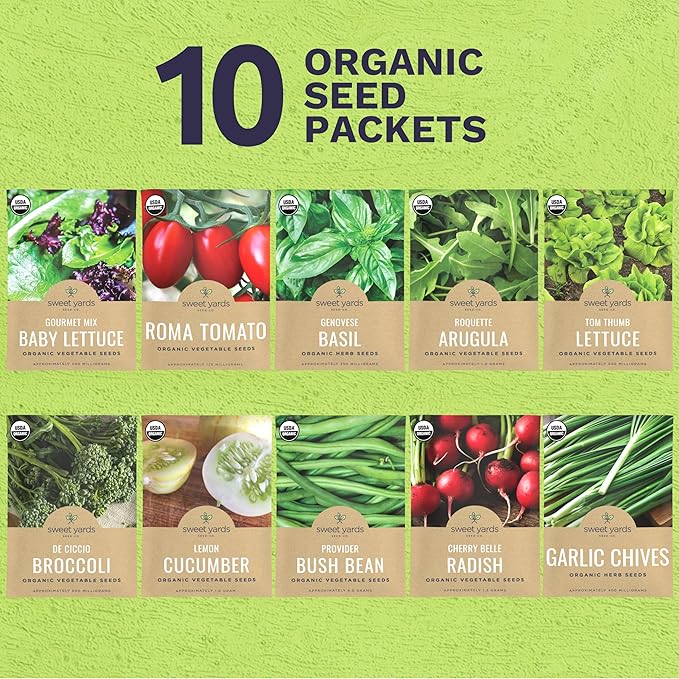 Organic Container Garden Seeds Variety Pack - 10 Individual Packs - 2026 Season - Ruquette arugula, Genovese Basil and More! for Indoor & Outdoor Planting (Non-GMO, Certified Organic)