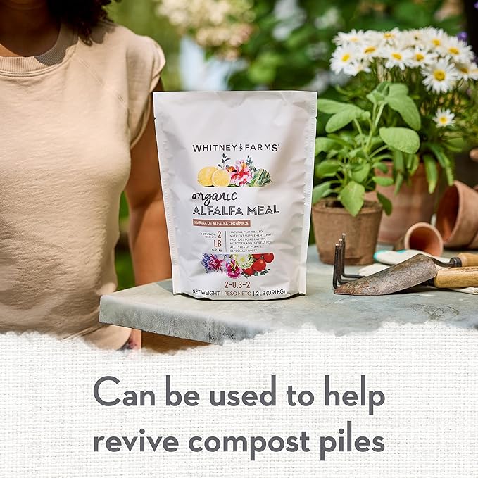 Whitney Farms Organic Alfalfa Meal - 2-0.3.2 Slow-Release Nitrogen Fertilizer and Soil Enhancer for Vegetables, Flowers, Herbs and Shrubs - 2 lbs.