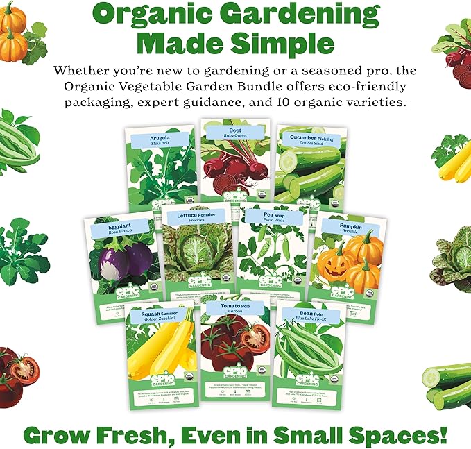 Epic Gardening Organic Vegetable Garden Kit - 10 Non-GMO Varieties, Includes Tomatoes, Squash, Pumpkins, Beans & More, Perfect for Raised Beds, Backyard Gardening & Fresh, Delicious Homegrown Meals