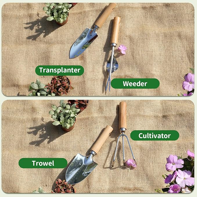 Garden Tool Set,10 Piece Garden Kit,Heavy Duty Stainless Steel Gardening Hand Tools with Durable Storage Tote,Rust-Proof Garden Tools,Gardening Gifts for Women Men Pink Floral Pattern Design