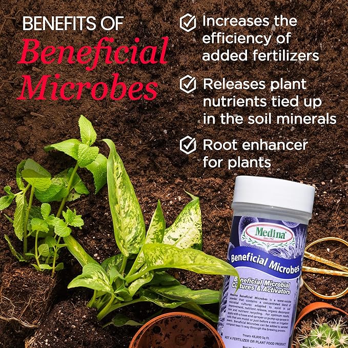 Medina Beneficial Microbes - Enhance Soil Nutrient & Health with Natural Blend, Ideal for Home Gardens, Concentrated 4oz Jar - Treats up to 24,000 sq ft, Sustainable, Long Shelf Life