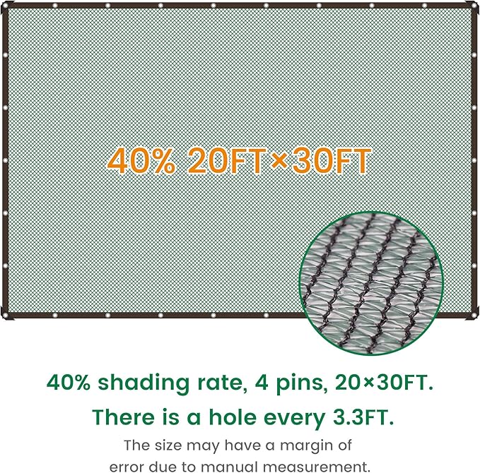 Xlimin 40% 20 X 30 FT Green Shade Cloth, Outdoor Woven Sun Shade with Grommets, Durable Breathable Netting Shading Antifreezing for Patio, Garden, DIY Home, Plants Cover, Greenhouse, Dog Kennel