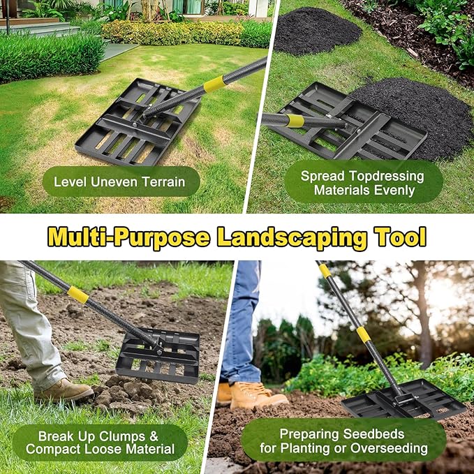 Lawn Leveling Rake: Anti Flipping 17" x 10" Stainless Steel Lawn Ground Leveler for Soil, Heavy Duty Grass Top Soil Dressing Leveling Rake, Home Lawn,Golf Field,Yard Landscaping Tool, 60” Long Handle