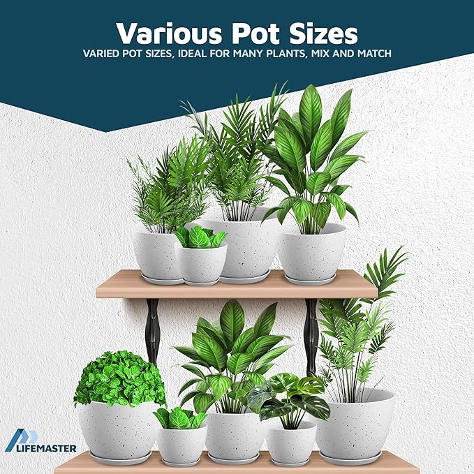 White Gray Plant Pots with Drainage Holes & Saucers 20 Pack, Indoor & Outdoor Stackable Space-Saving Planters for Houseplants & Flowers, (7", 6.7", 6", 5.3", and 4.8" Inches), Durable & Weatherproof