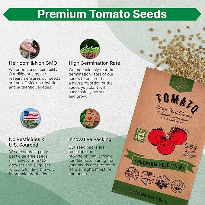 Tomato Large Cherry Seeds Pack 0.8 G - Over 300 of Non-GMO Heirloom Tomato Seeds for Planting Vegetables in Individual Seed Packet, Vegetable Seeds for Planting Home Garden Indoor & Outdoor Gardening