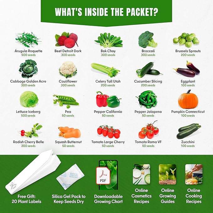 Cold Weather Vegetable Seeds – 20 Cold Tolerant Varieties, 3900+ Non-GMO Heirloom Seeds Indoor Outdoor Garden Starter Kit