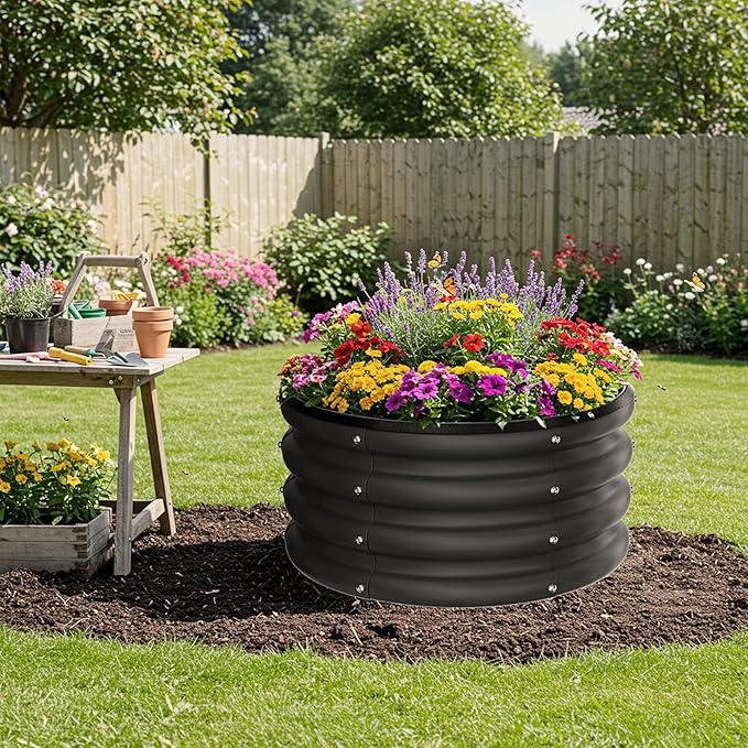 ZXZYHFTY Raised Garden Bed, 0.6 mm Galvanized Steel Round Planter Box with Open Bottom, Black, 2 x 2 x 1 FT, 1 Pack
