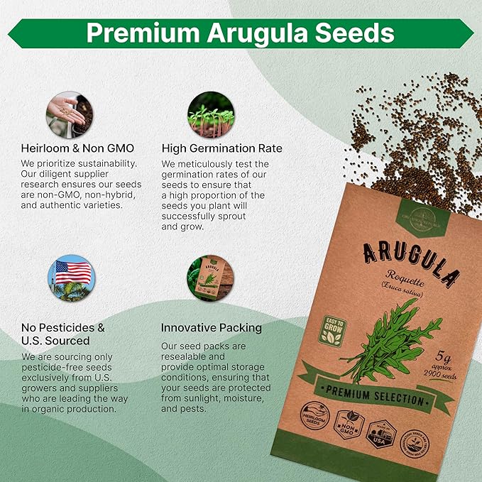 Organo Republic Arugula Roquette Seeds Pack 5G - Over 2900 Non-GMO Heirloom Arugula Seeds for Planting Greens in Individual Seed Packet, Greens Seeds for Planting Home Garden Indoor & Outdoor Garden