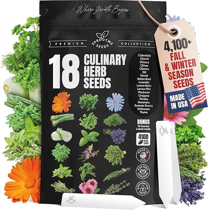 Fall & Winter Culinary Herb Seeds – 18 Cold Tolerant Herbs, 4100+ Non-GMO Heirloom Seeds Indoor Outdoor Planting Kit