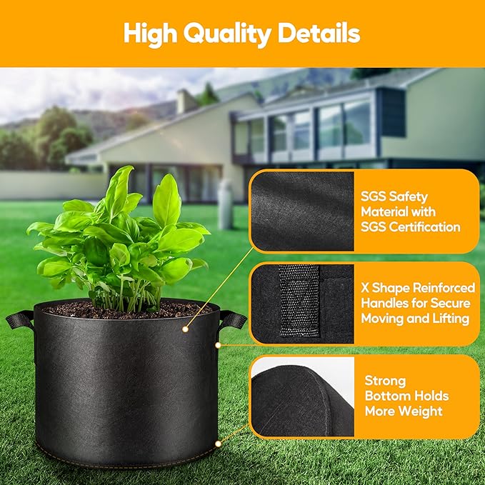 Simple Deluxe Grow Bags 7 Gallon 5 Pack Planter Pots with Handles, Thickened Nonwoven Fabric Aeration Cloth Bag, Heavy Duty Gardening for Tomoato, Potato, Vegetable, Herbs and Flowers, Black