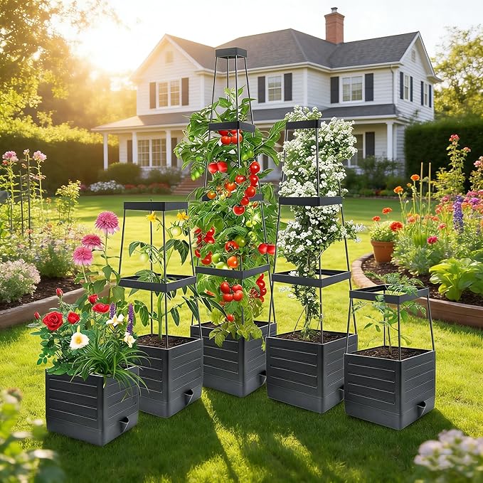 MQUPIN Tomato Planter Box with Trellis for Garden, 57 Inch Self-Watering Raised Garden Bed, Patio Tomato Cage for Climbing Vegetables & Flowers, Upgraded Tomato Pot for Indoor Outdoor Use(1 Pack)