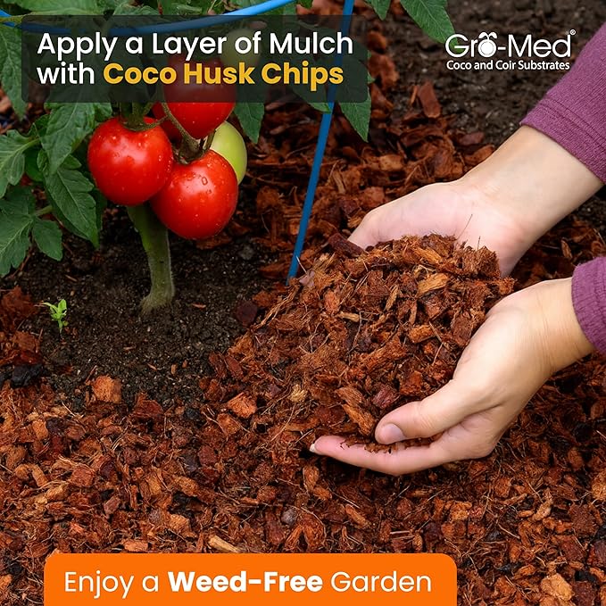 Gro-Med Coco Husk Chips for Plants (10lb) Compressed Coconut Chips Expands Upto 16 Gallon Coco Coir Mulch for Gardening,Potting & Garden Soil -Orchid Bark Alternative,OMRI Listed,Low EC & pH Balanced
