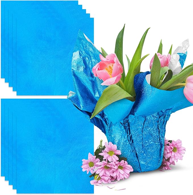 10 PCS Foil Wrap for Potted Plant, 19.7×19.7 inches Blue Floral Foil Plant Pot Covers, Matte Texture Wrapping Paper for Christmas Plant Pot, Foil Wrapping Paper for DIY Flower Pot (Blue)
