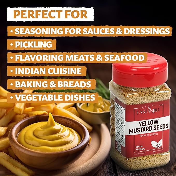 Eastanbul Mustard Seed, 8.11oz, Yellow Mustard Seeds, Semilla de Mostaza, Ideal for Cooking, Premium, Whole, Natural, Yellow, Vegan, Non GMO, Gluten Free, Suitable to Be Ground into Powder