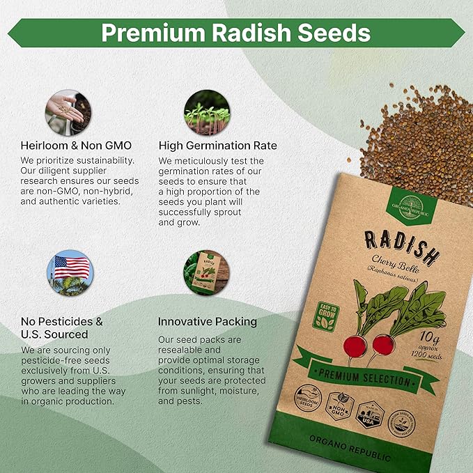 Cherry Belle Radish Seeds Pack 10 G - Over 1200 Non-GMO Heirloom Radish Seeds for Planting Vegetables in Individual Seed Packet, Vegetable Seeds for Planting Home Garden Indoor & Outdoor Gardening