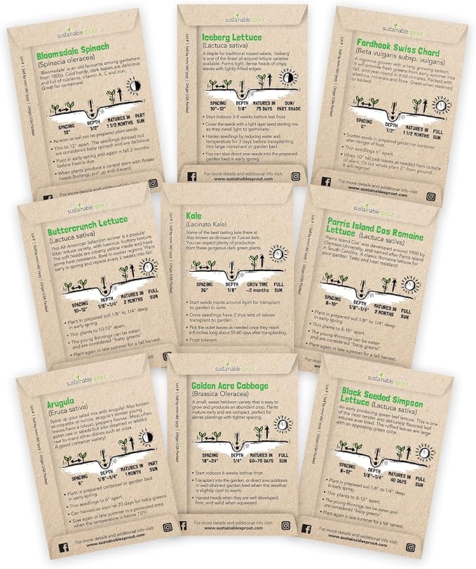 Lettuce Seeds for Planting: 9 Salad Greens Seed Packets, Hydroponics Heirloom Lettuce Bibb Romaine Kale Spinach Cabbage Swiss Chard Arugula Vegetables Variety Pack 100% Non-GMO by Sustainable Sprout