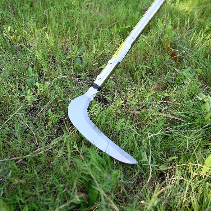 Weeding Sickle, Serrated & Plain-Edged Combined Steel Scythe 51-Inch Adjustable Long Handle, Lightweight Long-Handled Garden Sickle Tool for Gardens, Yards, Fields & Overgrown Areas