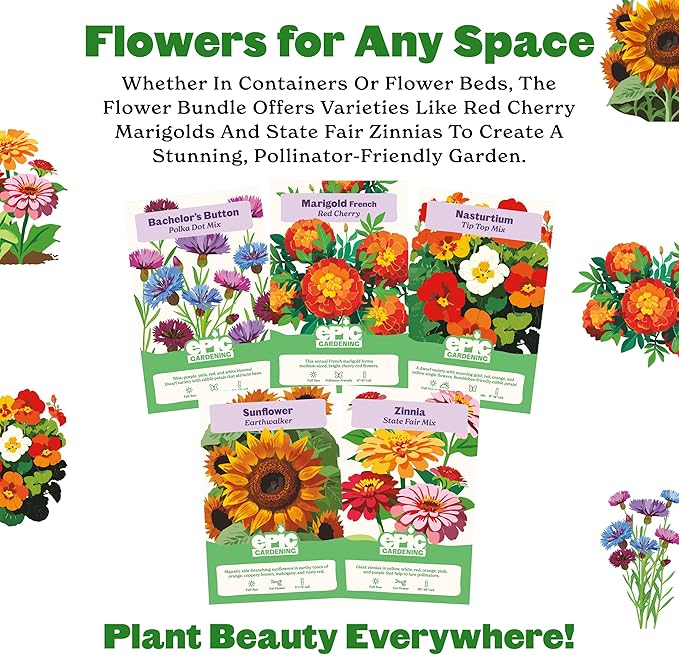 Epic Gardening Flower Garden Seed Collection - 5 Stunning Varieties, Includes Sunflowers, Zinnias, Nasturtiums & More, Brighten Your Garden with Blooms That Attract Pollinators Like Bees & Butterflies