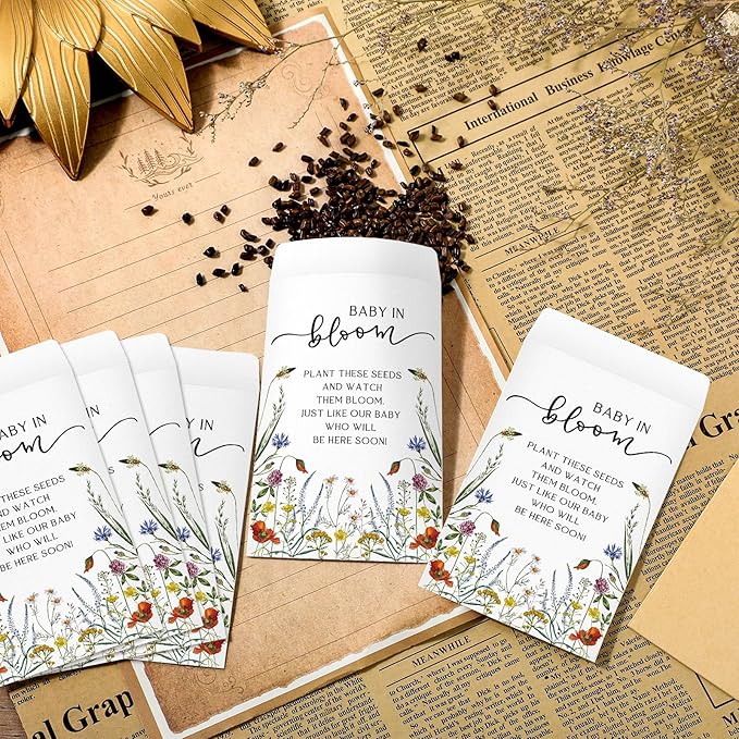 Fumete 75 Pcs Baby in Bloom Seed Packet Favors Wildflower Baby Shower Self Adhesive Envelopes for Guests Flower Packet Kraft Mini Organizer Decorations for Party Gift Favors, No Seeds