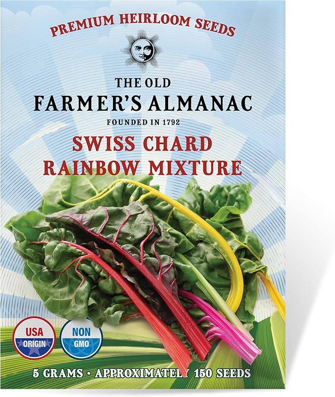 The Old Farmer's Almanac Heirloom Swiss Chard Seeds (Rainbow Mixture) - Approx 120 Seeds - Non-GMO, Open Pollinated, USA Origin