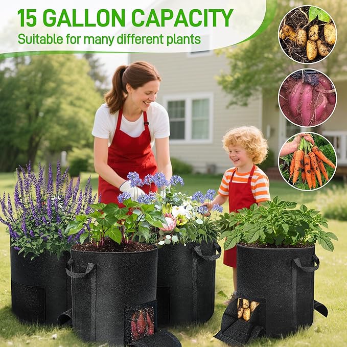 4 Pcs 15 Gallon Potato Grow Bags with Harvest & Visible Windows, Thickened Nonwoven Fabric Potato Planter,Potato Growing Containers with Sturdy Handles, Potato Bags for Growing Potatoes Vegetables