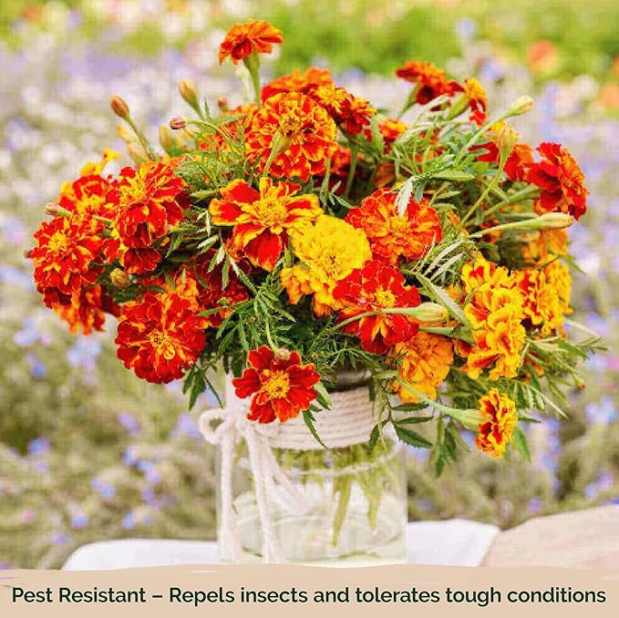 KVITER 500 French Marigold Seeds, Sparky Mix (Tagetes patula) — Marigold Flowers, Heirloom, Non GMO & Organic, Vibrant Yellow & Orange Blooms — Flower Seeds to Plant Outside, Borders, Beds, Container