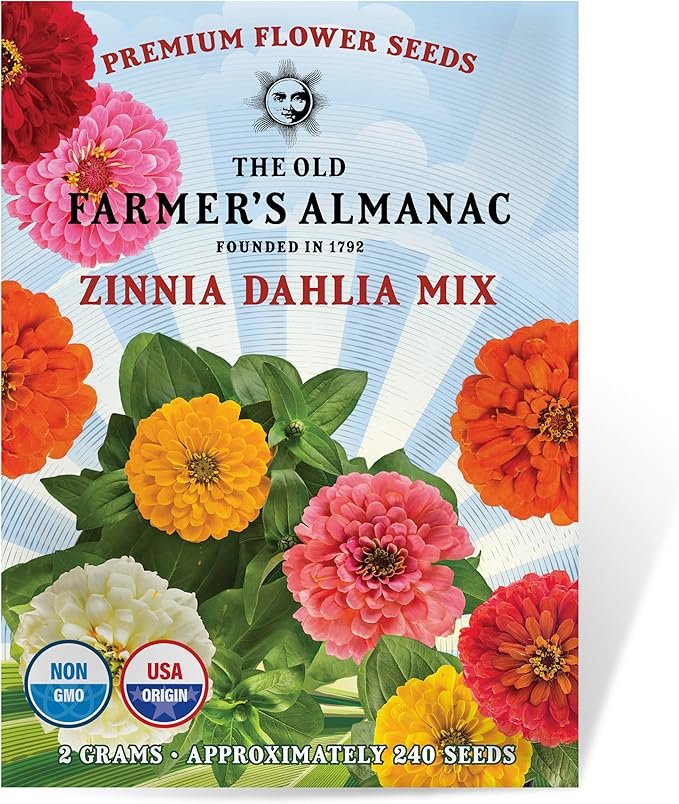 The Old Farmer's Almanac Zinnia Seeds (Dahlia Mix) - Approx 200 Flower Seeds - Premium Non-GMO, Open Pollinated, USA Origin