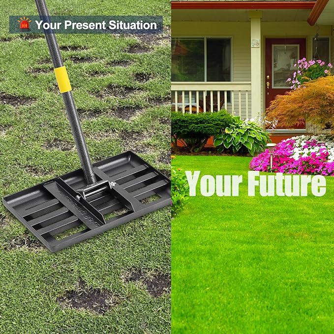 Professional Lawn Leveling Rake with 17x10in Heavy-Duty Stainless Steel Head & 72" Adjustable Handle - Grass Leveling Tool for Quick Soil Grading, Thatch Removal and Yard Maintenance