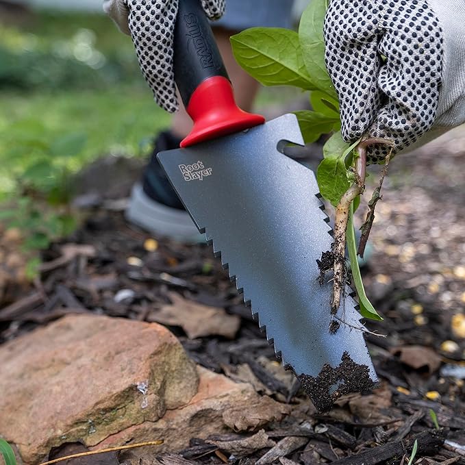 Root Slayer 16011 Garden Trowel with Serrated Blade for Digging and Root Cutting, Heavy Duty Steel Hand Tool, Red