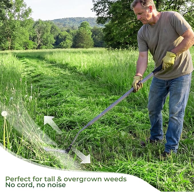 Walensee 48-Inch Long Handle Grass Whip, Scythe with Double-Edged Serrated Steel Blade, Soft Rubber Grip, Cut Tall Grass and Overgrown Weeds in The Yard, Fields, and Ditches, Black, 1 Pack
