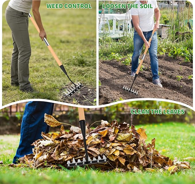 Iron Weed Rake with Wooden Long Handle 2.0, 8 Teeth Weed Puller Tool Heavy Duty, Manual Gardenia Weeding Rake Tool for Yard, Lawn and Garden, 56Inch