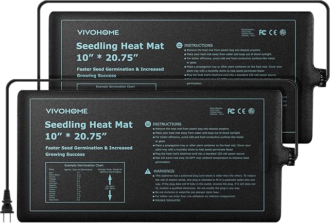 VIVOHOME 2 Packs Waterproof Seedling Heat Mats for Seed Starting, 10" x 20.75" Durable Seed Germination Heating Mat, 20W Warming Mat for Indoor Growing, Hydroponic, Greenhouse