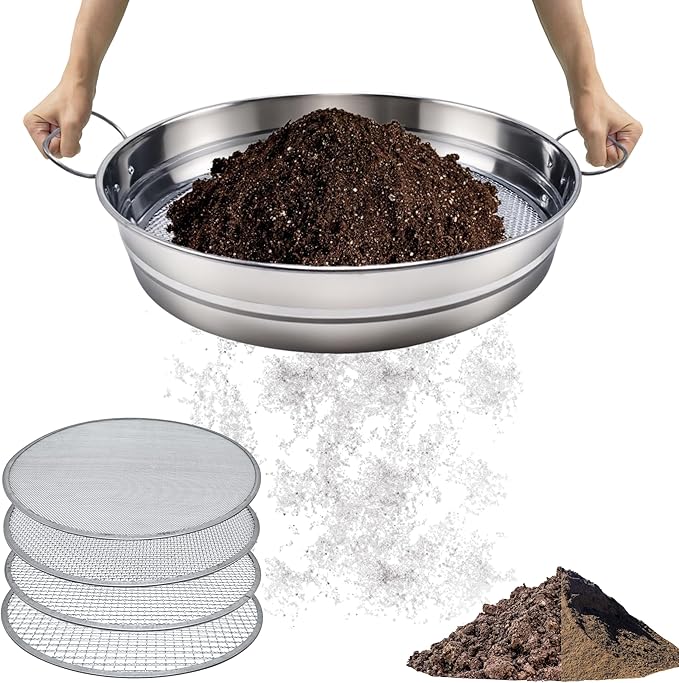 14.5“ Soil Sifter for Gardening with Handles, Large Rock Sifter with 4 Replaceable Screens,Compost Sifter Dirt Sifter, Captures Dirt Rocks Sawdust