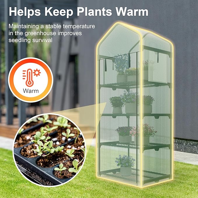 Kecreque Mini Greenhouse 4-Tier Small Greenhouses for Outdoor Indoor 27"x19"x63" Portable Greenhouse w/ Screen Windows & Waterproof PE Cover Green House for Backyard Balcony Seedling Raising