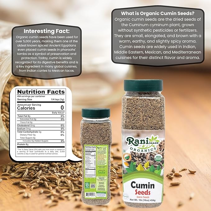 Rani Organic Cumin Seeds Whole (Jeera Sabut) 16oz (1lb) 454g PET Jar ~ All Natural | Vegan | Gluten Friendly | NON-GMO | Indian Origin | USDA Certified Organic