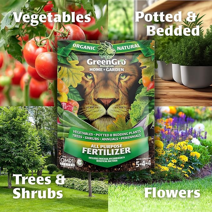GreenGro All Purpose Organic Fertilizer - Outdoor & Indoor Plant Food/Great for Vegetable Gardens & Houseplants/Advanced Nutrients Derived from Fish Meal & Bone Meal/Biochar & Humic Acid (4 Lb)