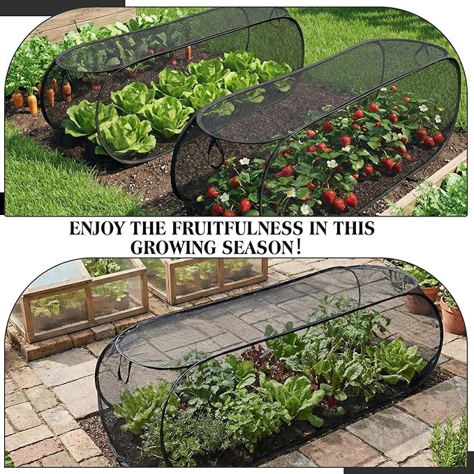 2 Pcs 39" x 18" x 16" Pop up Garden Mesh Plant Cover Outdoor Plant Protector Garden Row Raised Bed Cover with Ground Nails Crop Cage Net for Seedlings Vegetable Fruit Herbs (Black)