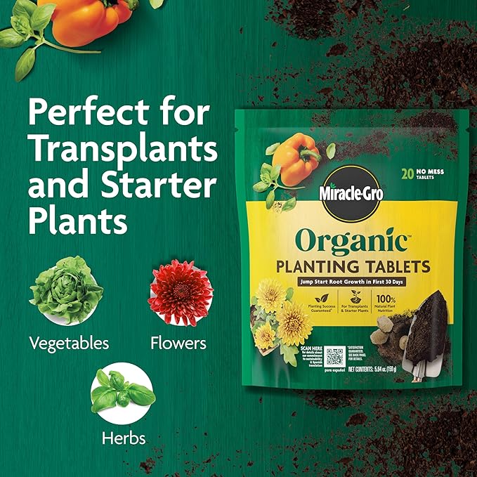 Miracle-Gro Organic Planting Tablets - for Transplants and Starter Plants, Formulated with Calcium, Plant Fertilizer, Boosts Early Rooting, OMRI Listed, 20 Tablets
