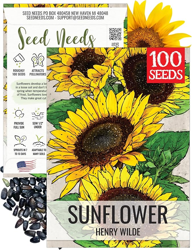 Seed Needs, Henry Wilde Sunflower Seeds - 100 Seeds for Planting Helianthus annuus - Open Pollinated Annual Flowers to Grow a Butterfly Garden (1 Pack)