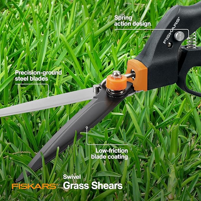 Fiskars Garden Swivel Grass Shears, Rotating Blades for Precise Lawn Edging, Spring-Action Handle, 5", Black/Orange