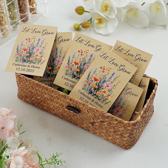 callie Personalized Wedding Seed Packet, Custom Kraft Wildflower Seeds Storage with Groom Bride Names and Date, Party Favors Bridal Shower Gifts, 10-200 PCS