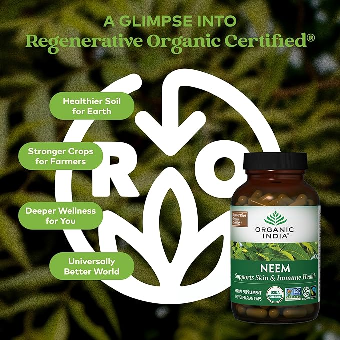 ORGANIC INDIA Neem Leaf Capsules, Herbal Supplement - Supports Skin, Immune, & Liver Health, Detox, Vegan, Gluten-Free, USDA Certified Organic - 180 Capsules