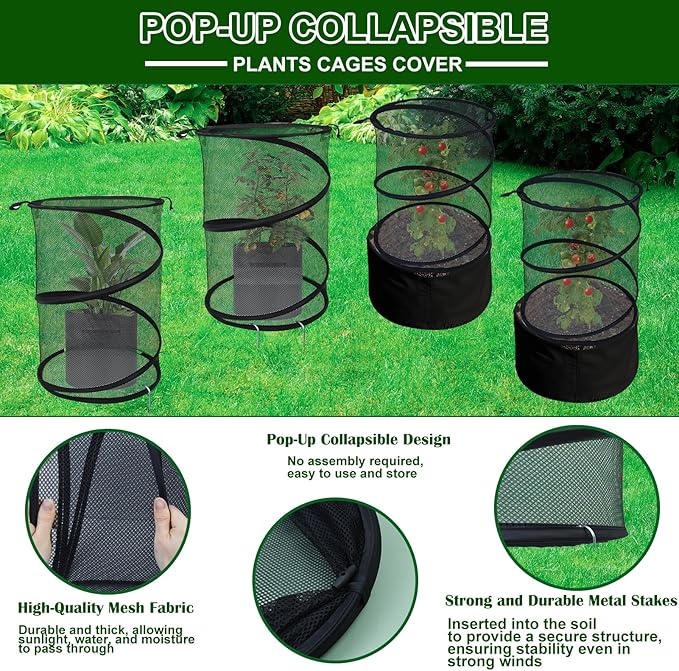 4 Pack Pop up Plant Covers Tent from Animals, 20"H X 13"D Insect Barrier Mesh Plant Guard Cover Net Black Garden Plant Protectors Mini Greenhouse Plant Protection Cage with Stakes for Outdoor Plants