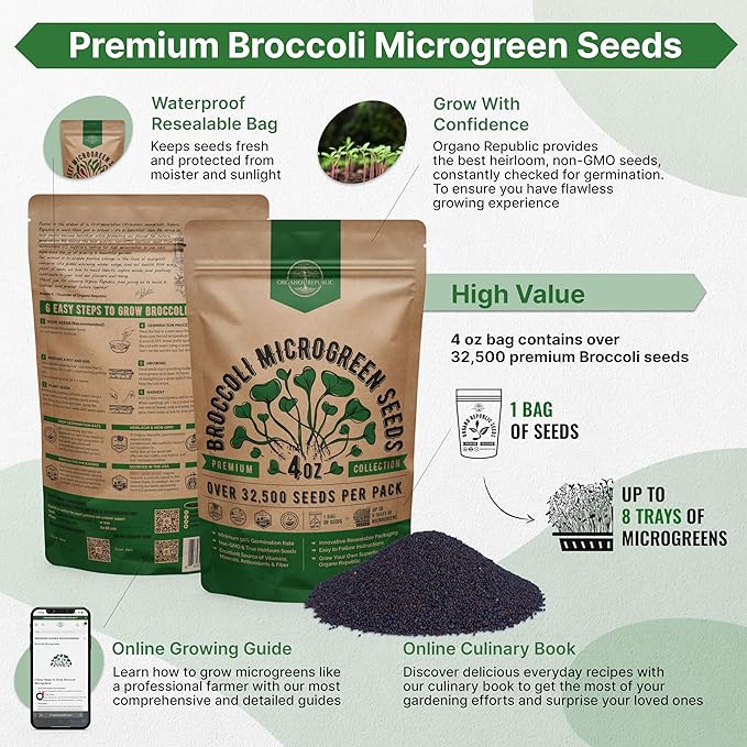 Organo Republic Broccoli Sprouting & Microgreens Seeds - 32,500 Non-GMO Heirloom Seeds, Sprouts in Bulk 4oz Resealable Bag for Planting & Growing in Soil, Coconut Coir, Aeroponic & Hydroponic System