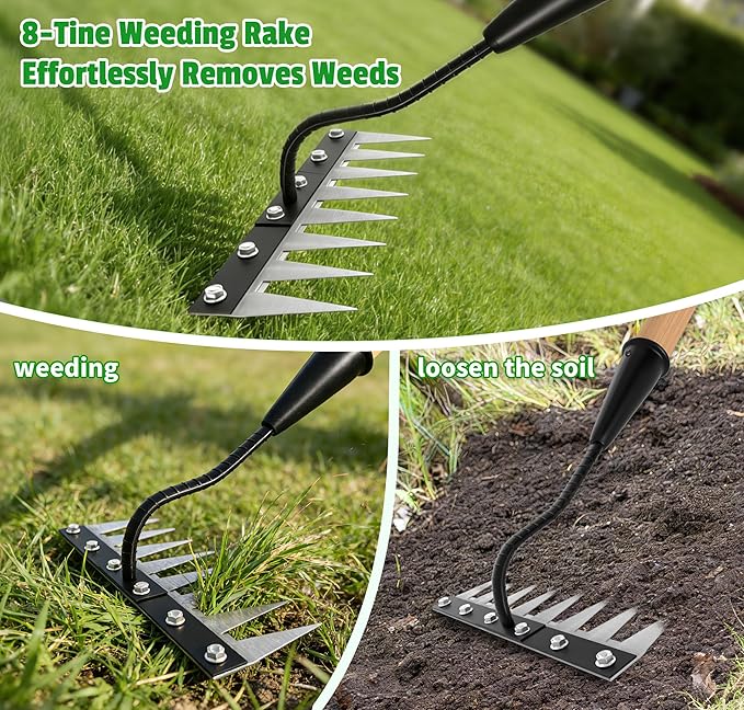 Iron Weed Rake with Wooden Long Handle 2.0, 8 Teeth Weed Puller Tool Heavy Duty, Manual Gardenia Weeding Rake Tool for Yard, Lawn and Garden, 56Inch